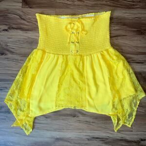 Venus Yellow Lace Corset Tube Top Strapless Smocked Peplum Blouse Size XL